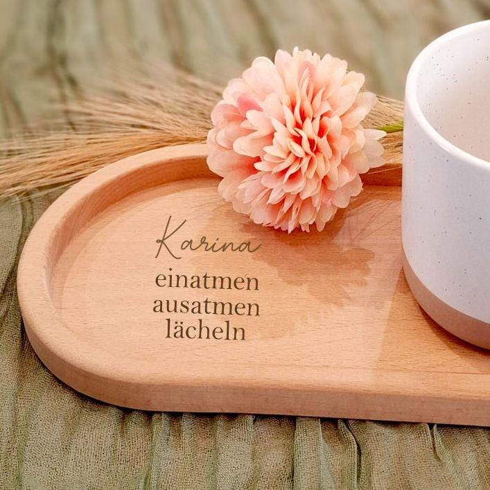 personalisiertes Holztablett Tablett Untersetzer Serviertablett Kaffeeteller einatmen-ausatmen-lächeln Geschenkidee Freunde