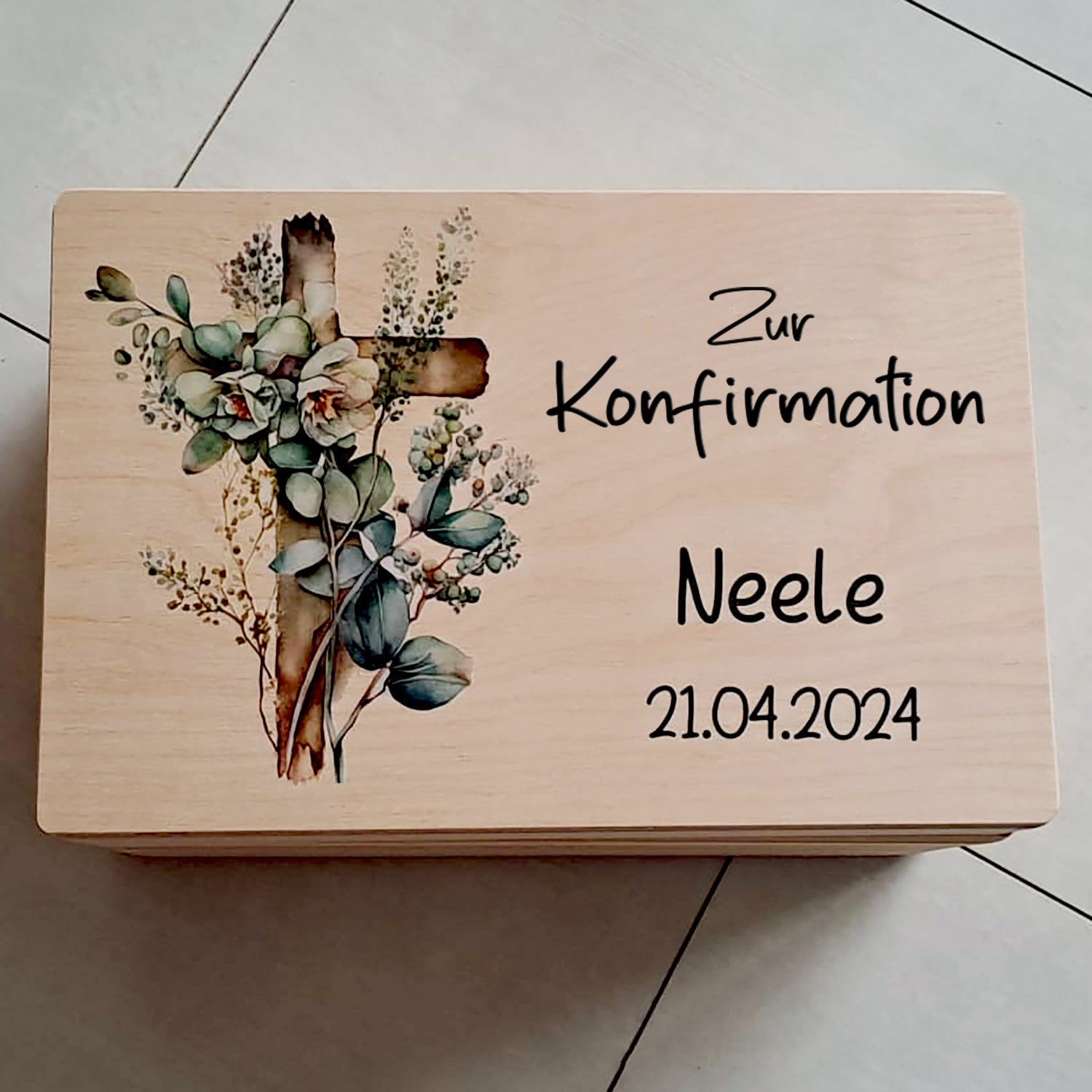 Erinnerungskiste Konfirmation Erinnerungsbox mit Kreuz Blumen Personalisiert
