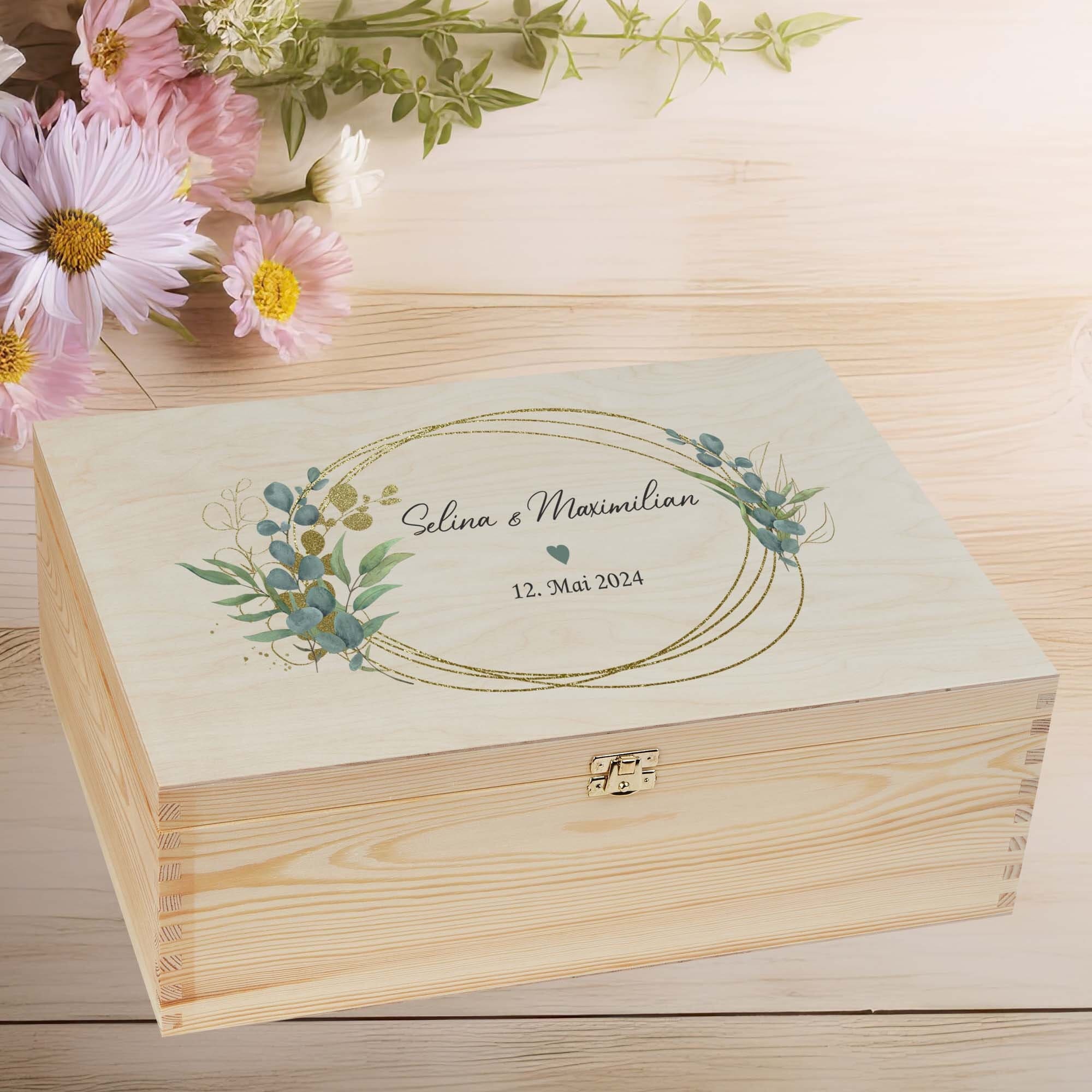 Erinnerungskiste Hochzeit Personalisiert Geschenk zur Hochzeit Erinnerungsbox - mit deinen Wunschnamen - Hochzeitsdatum- Efeu  - modern