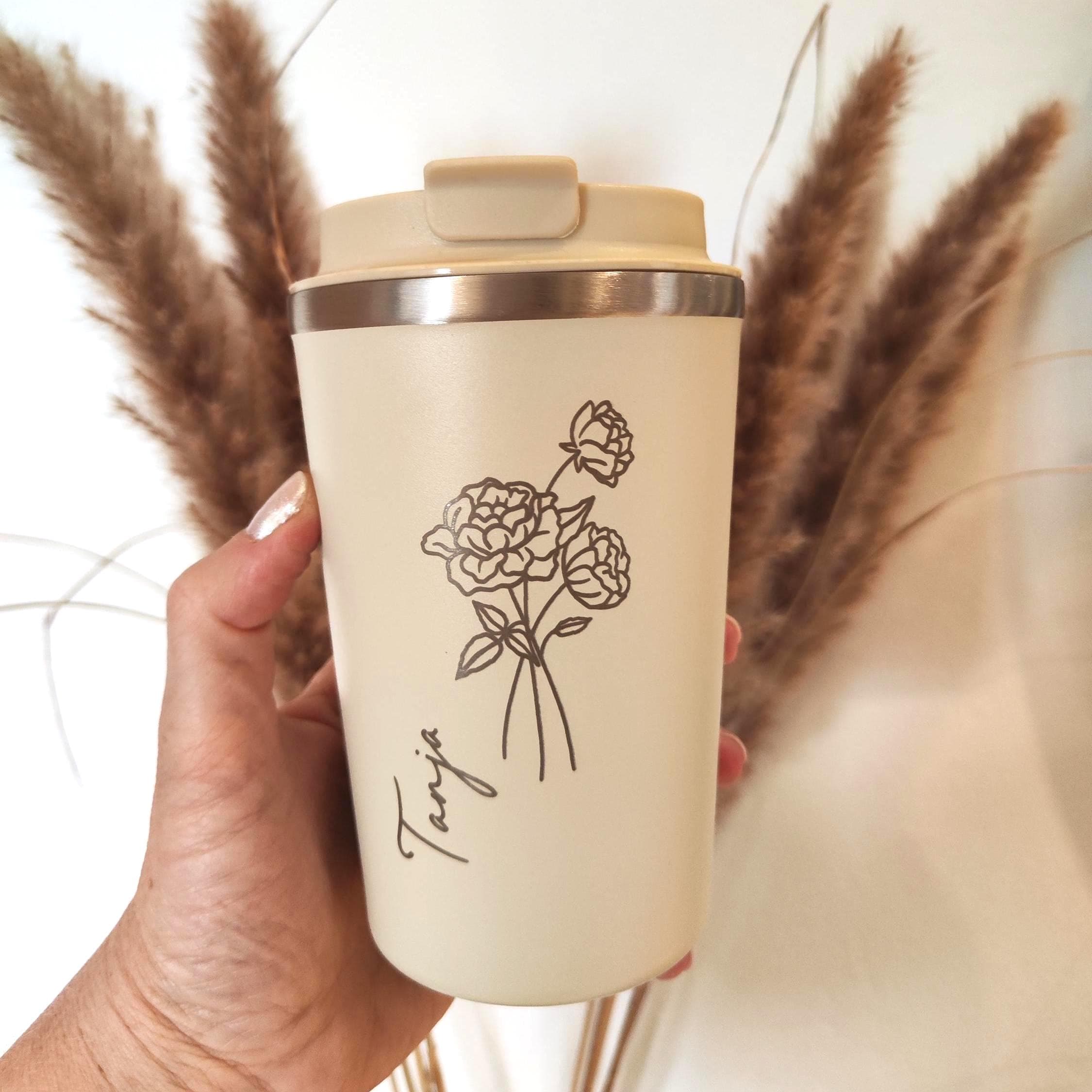 Thermobecher | Wunschname | personalisiert | Frauen | Geburtsblume | Kaffeebecher | to go Becher  | Reisebecher mit Namen | Geburtstag