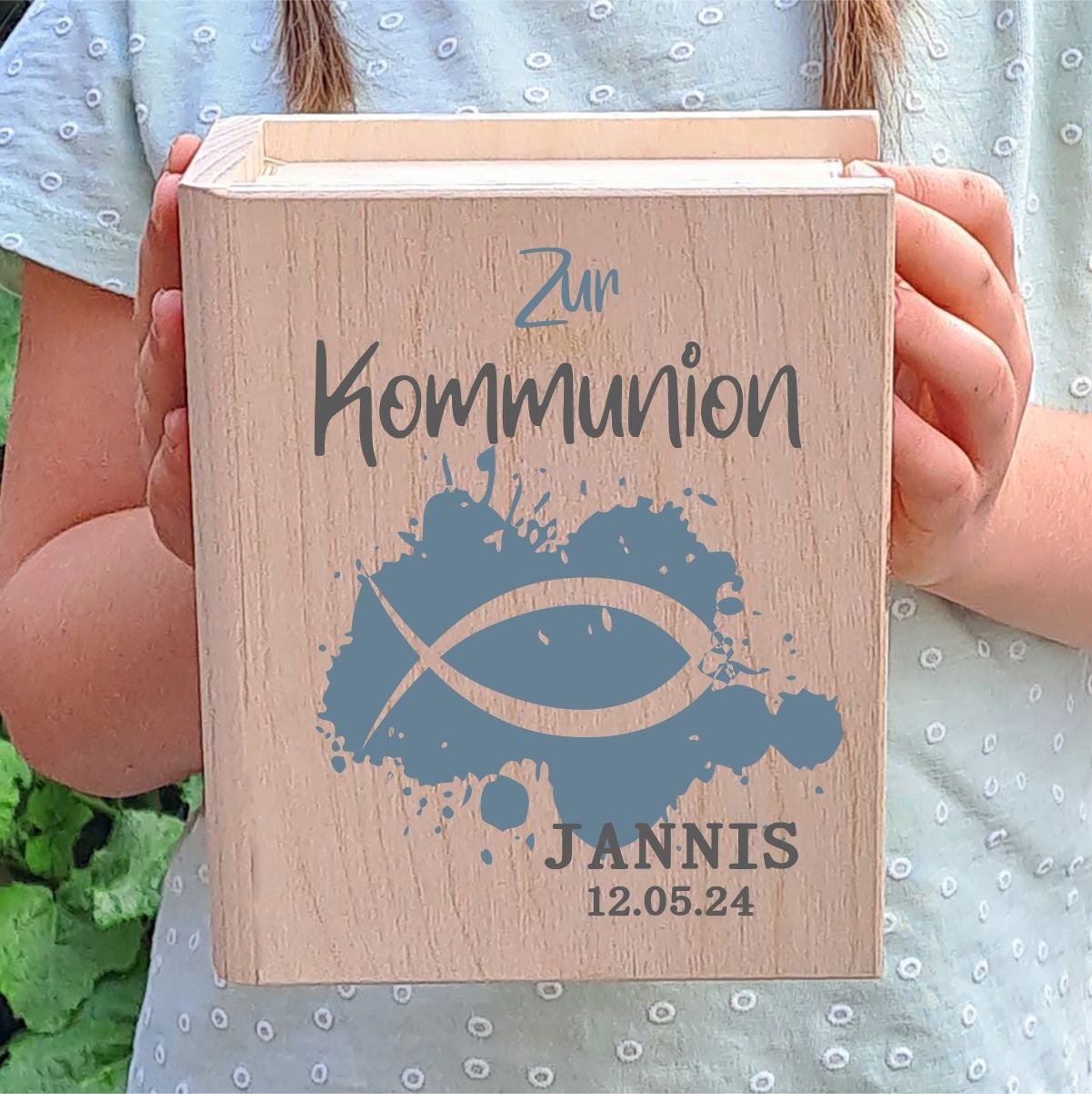Geschenk Kommunion Spardose Geldgeschenk Holz-Sparbuch Kinder Geschenkidee Kommunionsgeschenk