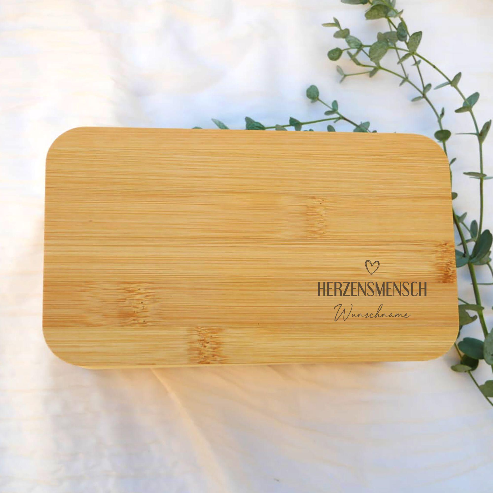 Personalisierte Lunchbox mit Bambusdeckel,  Trennsteg, Halteband, Besteckset Herzensmensch | Brotdose für deinen Lieblingsmenschen