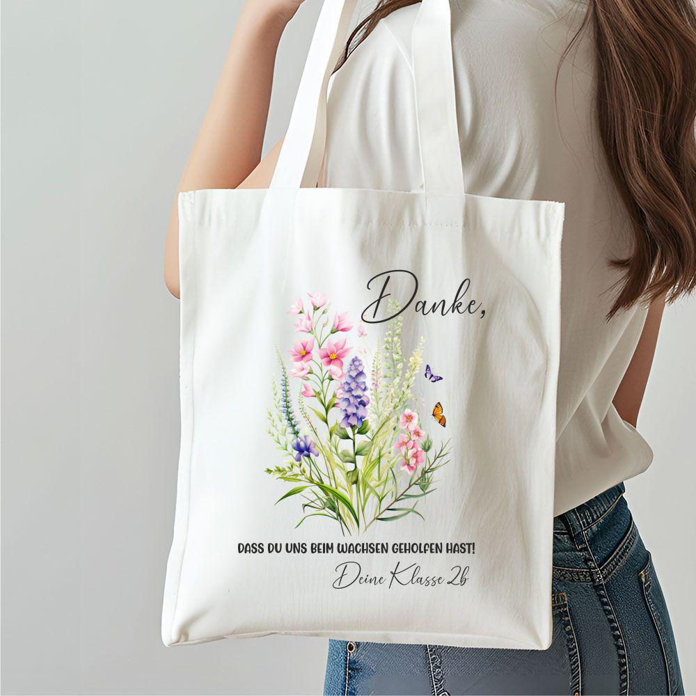 Geschenk Lehrer/ Leherin Erzieher Danke Stoffbeutel Einkaufstasche mit Blumendruck Dankeschön Personalisiert