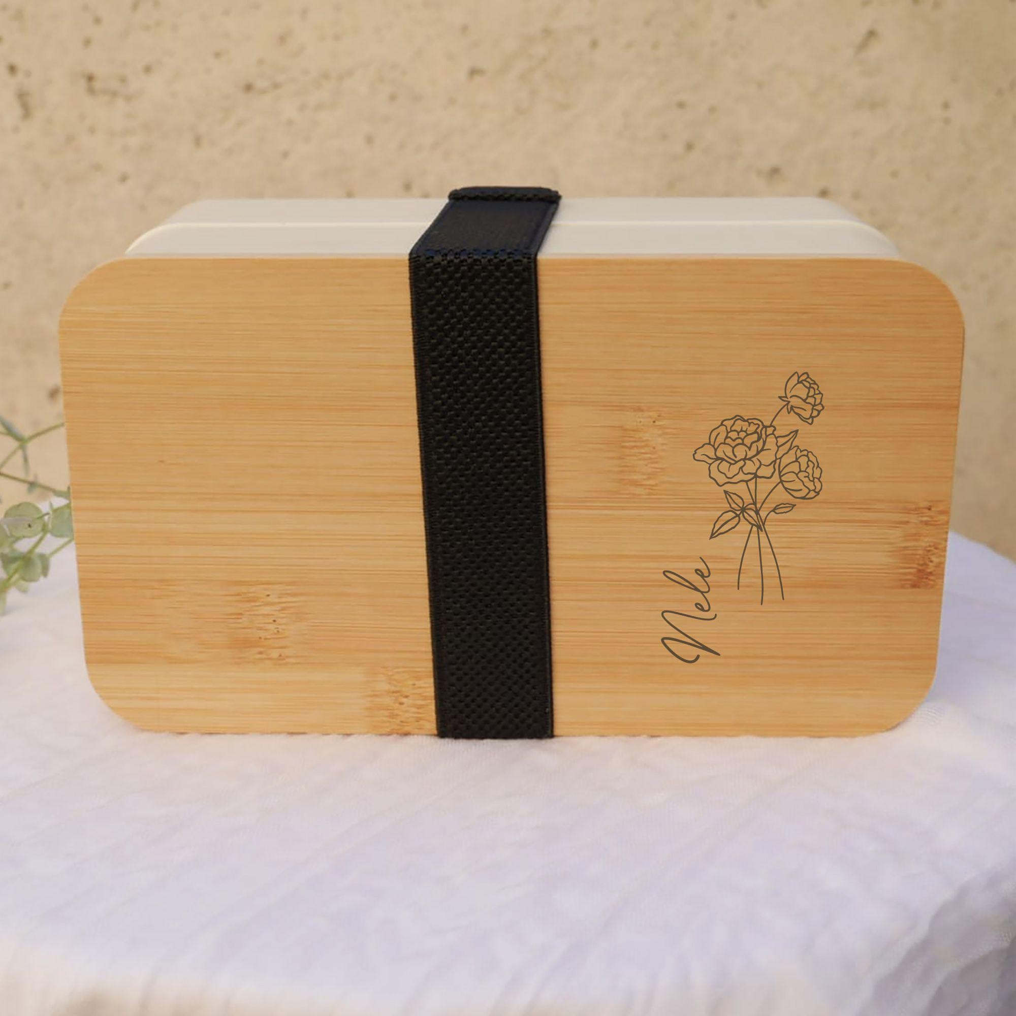 Lunchbox | Brotdose Geburtsblume | Wunschname | Trennsteg | Halteband | Besteckset | Vesperdose Geschenk für Frauen - Teenager und Mädchen