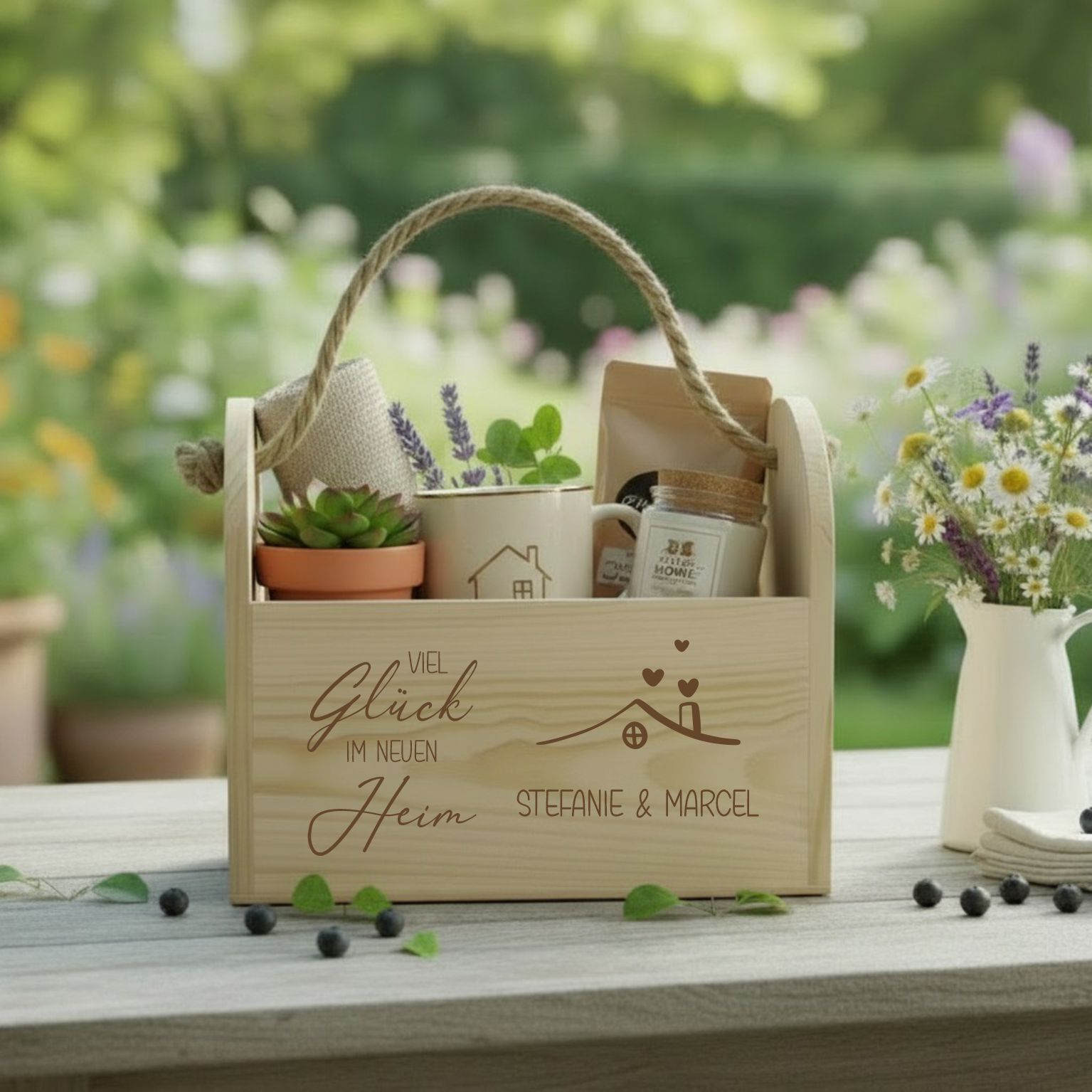 Personalisierte Holzkiste Geschenkkiste zum Einzug - Viel Glück - Geschenkidee für Umzug - Hausbau - Richtfest