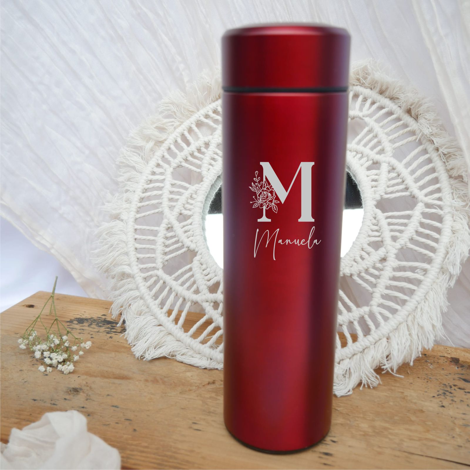 Trinkflasche mit Wunschnamen & Teesieb | Edelstahl Isolierflasche | für Zuhause + Unterwegs | Geschenk | Monogramm | Hält warm und Kalt