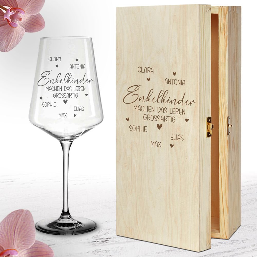 Weinglas mit Gravur - Enkelkinder Geschenk Oma und Opa personalisiert - Weihnachten Geburtstag optional in schöner Holzbox