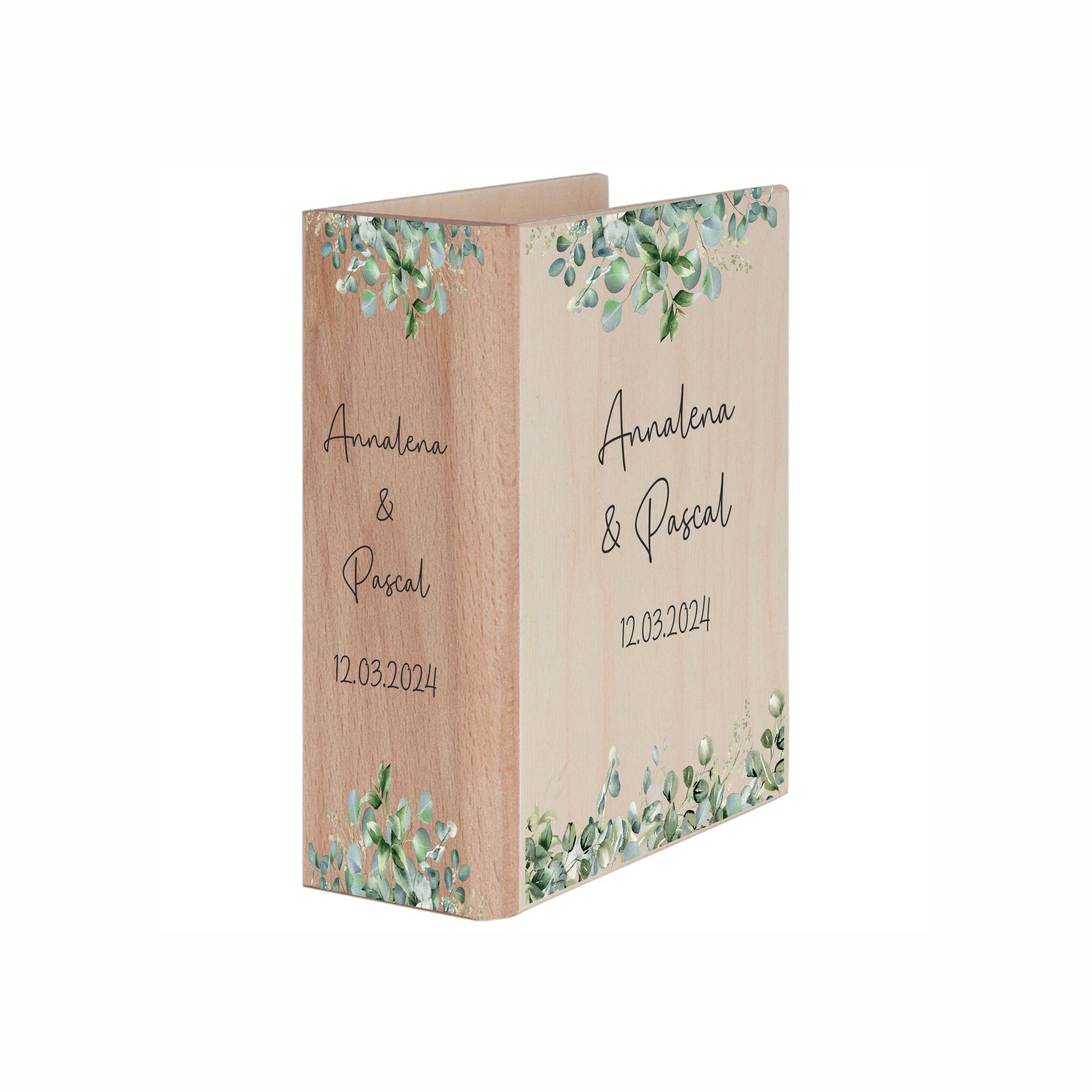 Spardose Geschenk Hochzeit Efeu Sparbuch Holz - mit deinen Wunschnamen - Geldgeschenk Holzspardose - nachhaltig - persönliches Geschenk