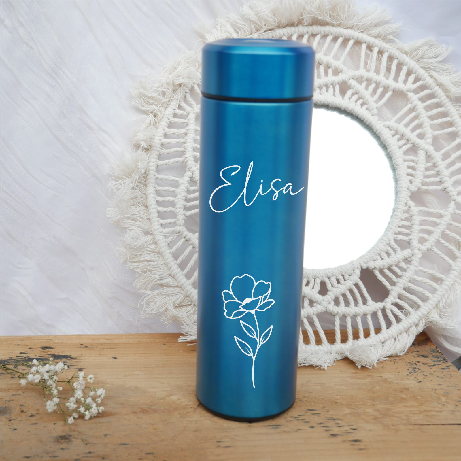 Doppelwandige Edelstahl Trinkflasche mit Teesieb – 425 ml | Isolierflasche | praktische Geschenkidee | personalisiert | Blumen | Frauen |