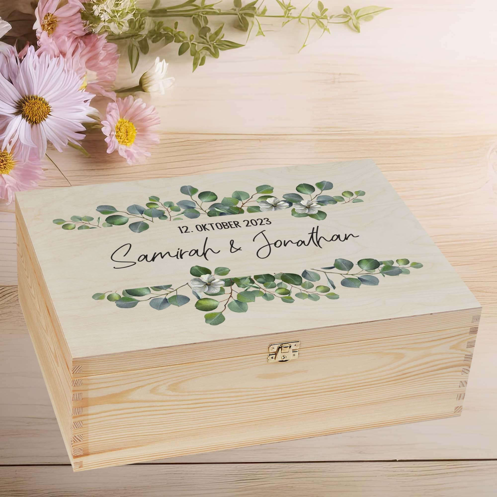 Erinnerungskiste Hochzeit Personalisiert Geschenk zur Hochzeit Erinnerungsbox - mit deinen Wunschnamen - Hochzeitsdatum- Efeu  - modern